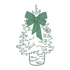 Trendy Christmas tree with bow decoration, isolated doodle in retro style