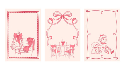 Cozy Christmas illustrations. Backgrounds for greeting cards and illustrations. Retro style doodle compositions
