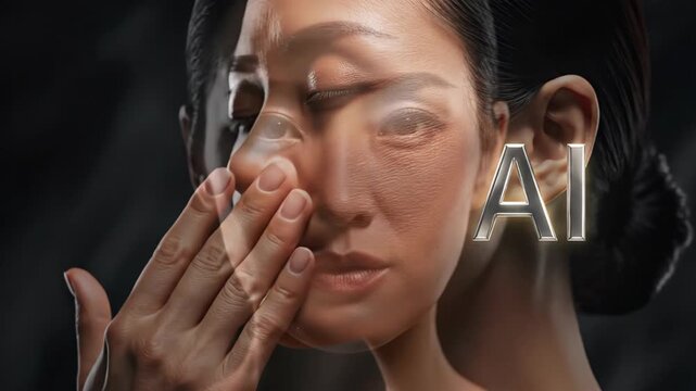 Woman transforming into AI entity with metallic face mask. Hand gesture tracks futuristic tech evolution from A to AI reveal. Digital advertising concept for artificial intelligence integration