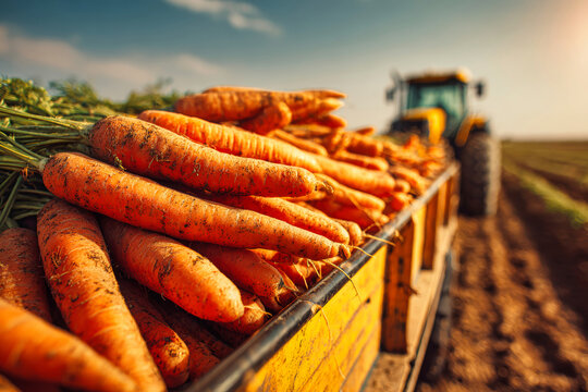 A yellow tractor stands in a farm field during harvest season, with a trailer filled with large, fresh carrots gleaming in the sunlight