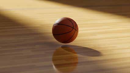 Basketball floating above a hardwood floor with a reflection, sport concept