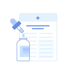 Flat concept of medicine bottle and eyedropper in front of medical leaflet with manual.