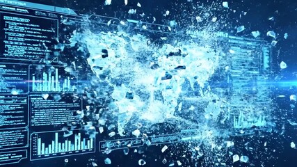 A futuristic display showcasing a glowing digital world map with data visualizations - Powered by Adobe