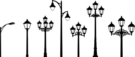 A collection of vintage streetlights, showcasing a variety of classic designs and styles for architectural and urban planning projects