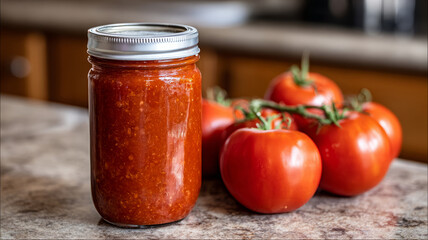 Jar of tomato sauce with fresh tomatoes on counter
