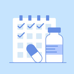 Calendar with checkmarks and medication in bottle, capsules. Concept of treatment schedule.