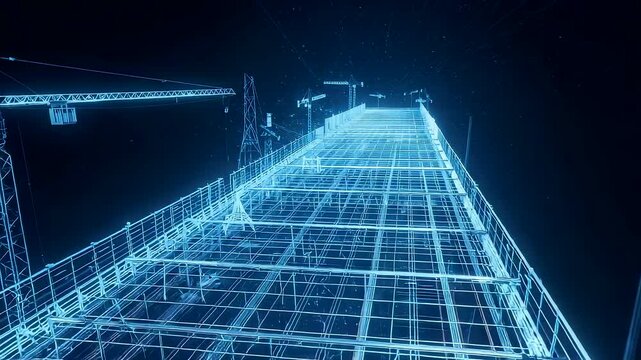Digital wireframe construction grid with glowing architectural framework showing advanced structural engineering and modern design concepts