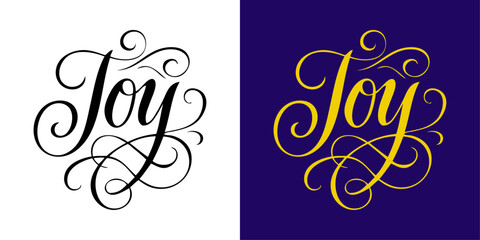 Logo de Navidad. Grupo de mensajes Joy con florituras de adorno para tarjetas y felicitaciones	