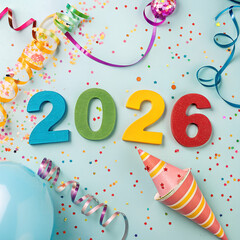 Colorful numbers spelling 2026 surrounded by confetti, streamers, a party hat, and a balloon, Brightly colored party decorations, a festive atmosphere perfect for celebrating the new year or special.