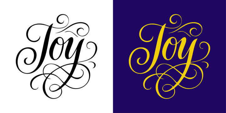 Logo de Navidad. Grupo de mensajes Joy con florituras de adorno para tarjetas y felicitaciones	