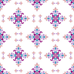 Ikat symmetrical seamless pattern with decorative ornament. Vector illustration. Floral background. Textile rapport. Ikat vintage wallpaper and tile pattern.