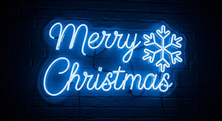 Bright neon sign wishing everyone a Merry Christmas with a snowflake on a brick wall, perfect for holiday promotions