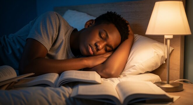 Tired African American teenager sleeping in bed with open books under a lamp. Exhausted student studying late at night concept