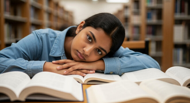 Tired Indian female student resting head on arms in library. Bored young woman looking at camera with open books on table. Exam stress and burnout concept