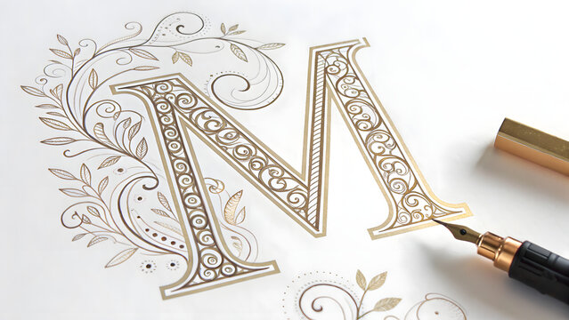 Elegant letter m with floral ornaments isolated on white background, showcasing intricate details and a vintage aesthetic, perfect for personalized designs and artistic projects