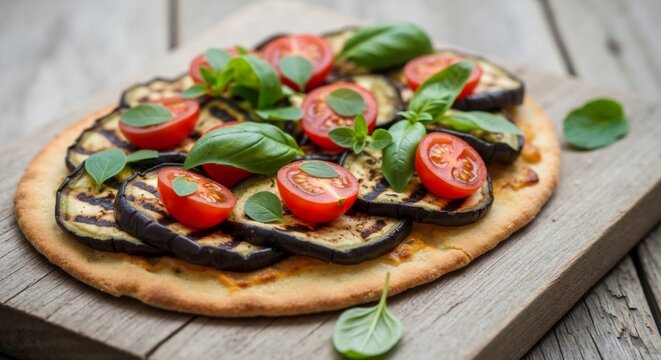 Vegan flatbread topped with grilled eggplant and cherry tomatoes on a rustic wooden board. Homemade vegetarian pizza with fresh basil. Healthy plant-based food concept