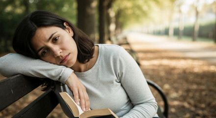 Exhausted young woman resting on a park bench with a book. Sad female student feeling burnout and fatigue outdoors. Bored person holding an open book. Copy space