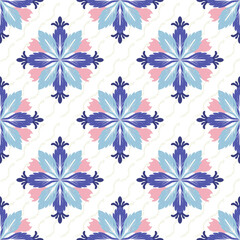 Blue and pink flowers Ikat abstract seamless design with a white background. Oriental vintage ikat pattern. Textile rapport. Ikat hand-drawn vector texture. Use for wallpaper, tiles, and tapestries.