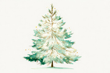 Obraz premium Watercolor illustration of a festive Christmas tree adorned with golden ornaments and snowflakes
