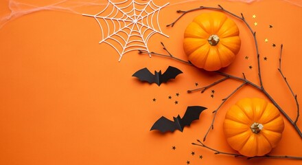 Halloween time orange studio background composition with spider web bats and pumpkins creating atmosphere for Halloween celebrations autumn decorations seasonal theme festive mood