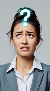 a puzzled woman with brown hair in a bun, wearing a blue blazer over a white shirt, with a glowing question mark above her head against a gray background