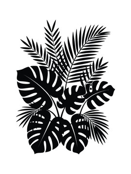 Minimalist black vector silhouette illustration of tropical plants showing exotic jungle foliage bouquet with palm and monstera leaves.