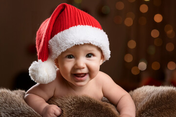Ein l&auml;chelndes Baby mit einer roten Weihnachtsm&uuml;tze auf einem Lammfell. Weihnachten Hintergrund.