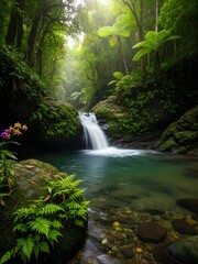 Obraz premium Sunlit Waterfall in Pristine Tropical Wilderness