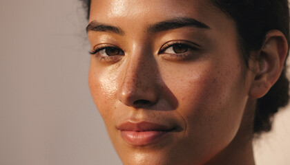 Luminous close-up portrait of a young woman with impeccably healthy, glowing skin, perfect for a modern skincare product or beauty brand mockup. Emphasizing natural radiance