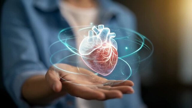 Quantum computing in healthcare concept. A holographic heart is shown above a hand.