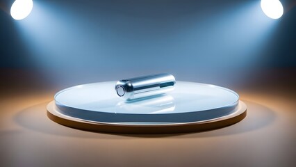 Shiny metallic object displayed on a circular platform under spotlights