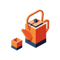 Isometric Minimalist Teapot and Square Cup Tea Ceremony Abstract Graphic Design Orange Blue Isolated Beverage Drink