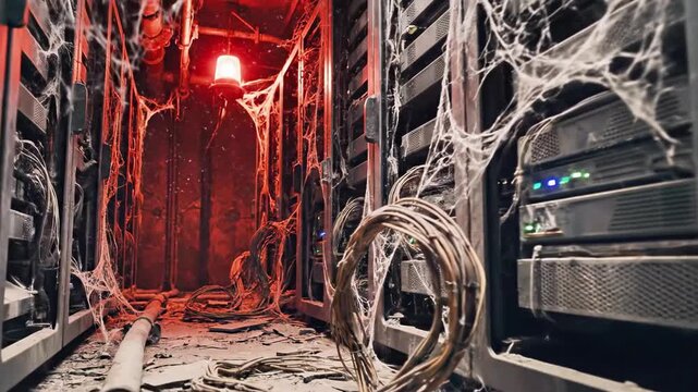 A derelict server room enveloped in cobwebs, illuminated by a red glow, wires strewn