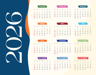 2026 calendar. 2026 Planner calender template with 12 month. Symple Layout Illustration. 2026 calendar. Planner template. Week starts Sunday. Yearly calender organizer layout. Scheduler grid for desk.