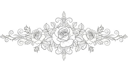 Elegant Rose Flower Ornament with Detailed Floral Swirls and Leafy Decorations Horizontal Design Perfect for Borders or Decorative Accents