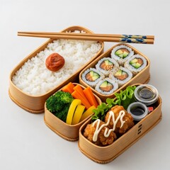 Traditional Japanese Salmon Sashimi and Fried Chicken Bento Box Lunch