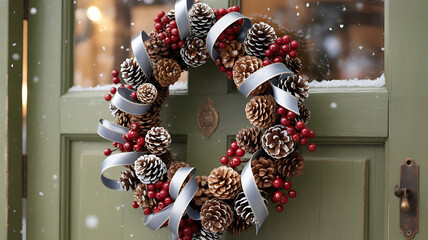 Christmas Day Pinecone and Berry Wreath with Silver Ribbon Hanging on Green Door with Falling Snowflakes