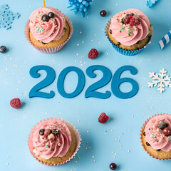 Festive design with cupcakes and happy new year  2026 showing surrounded by colorful party accessories and shimmering textures for a cheerful New Year vibe, New Year's Eve Celebration.