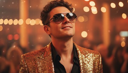 Man in sunglasses and a dazzling gold sequin jacket smiling and soaking up retro disco vibes, standing confidently amid sparkling bokeh lights and festive nightlife energy