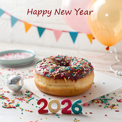 Three dimensional numbers '2026' resting on a base reading 'HAPPY NEW YEAR' amidst a shower of colorful confetti with colorful balloons, Variety of glazed donut ,celebrating the new year in style. 