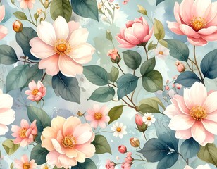 Elegant floral pattern featuring delicate pink and white blossoms on a light blue background