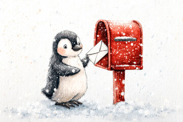 Cute penguin delivering letter to bright red mailbox in snowy winter landscape with holiday spirit