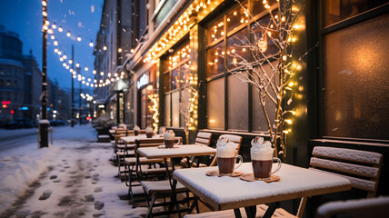 Christmas Day Outdoor Café with Snow-Covered Tables, Hot Drinks, and Warm String Lights at Dusk