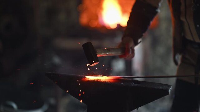 A Viking blacksmith with a white beard and braided hair works intently at a forge, hammering glowing metal on an anvil, with flames flickering in the background of a stone workshop cinematic slow