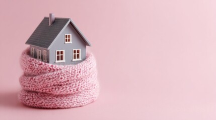 A small, gray house figurine wrapped in a pink knitted scarf, set against a pale pink background
