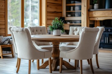 Rustic round table and beige fabric chairs in spacious room with paneling wall. Scandinavian interior design of modern living room, Generative AI