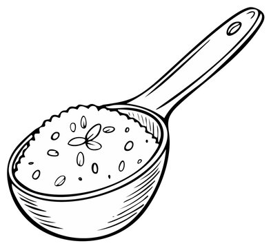 Hand drawn illustration of a tablespoon filled with rice and garnished with herbs