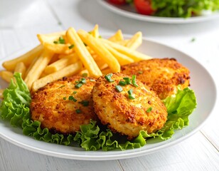 Delicious crab cakes with french fries and salad on a white wooden background