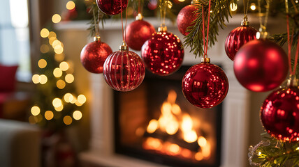 Christmas Day Red Ornaments on Pine Branches with Fireplace Glow and Decorated Tree in Cozy Living Room