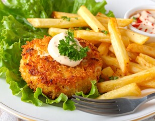 Delicious crab cake served with crisp fries and a creamy sauce on a white plate